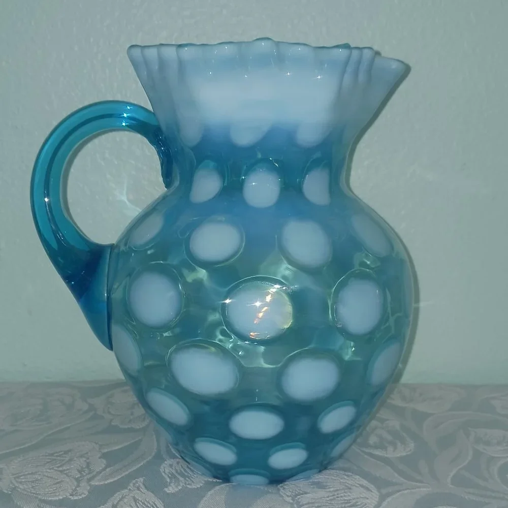 Vintage Fenton Blue Opalescent Coin Spot Pitcher - Picture 1 of 7
